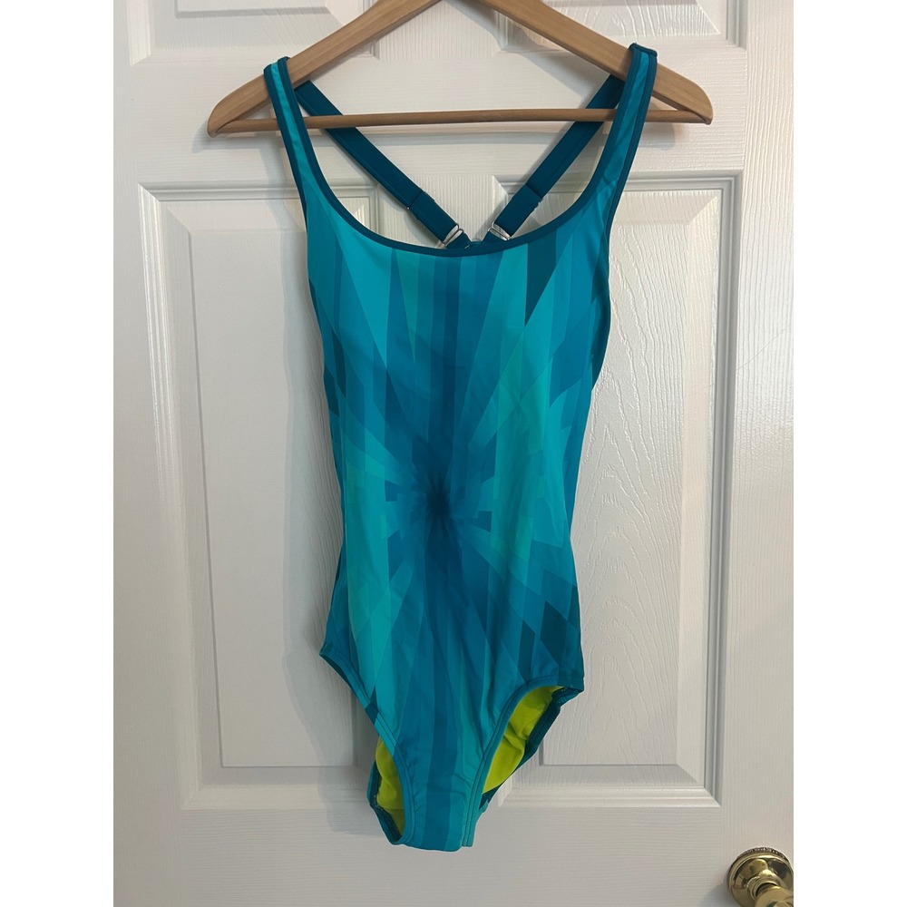 Title Nine NWT Geometric Turquoise Lime Racerback One Piece Swimsuit S
